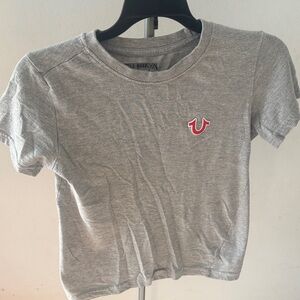 True Religion Heather Gray Tee with Red Horseshoe Logo